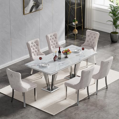 White Marble Dining Table Set for 6, Modern Kitchen Dining Room Table Set for 6 with Beige Velvet Chairs, 7 Piece Dining Table Set, 70