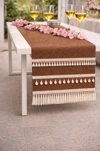 WWW.THROWPILLOW.IN Almond BrownTable Runner with Tassels & Kowri 13x132 Inch Fits 10 Feet TV Unit, Center Table, Coffee Table, Dining Table, Dresser, Entry Console|Living Room Diwali Decor