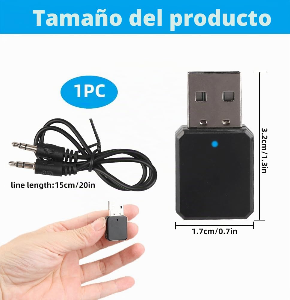 Adaptador USB Bluetooth 5.1 para Coche con Salida AUX y USB, Receptor Bluetooth Plug and Play con Cable de Audio de 3,5 mm para Altavoces y Llamadas Manos Libres