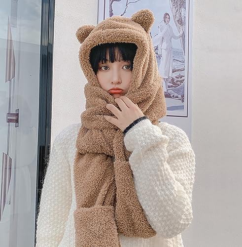 3 in 1 Womens Cute Winter Thick Warm Long Hooded Scarf with Mittens Soft Plush Hood Hat Scarf Animal Hat Scarf Mitten3