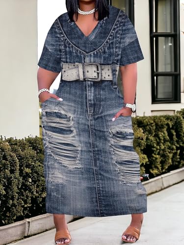 Image of SUZONANA Plus Size Denim Print Maxi Dresses for Women Casual V Neck Short Sleeve with Pockets Soft Jean Look Dress XL-6XL