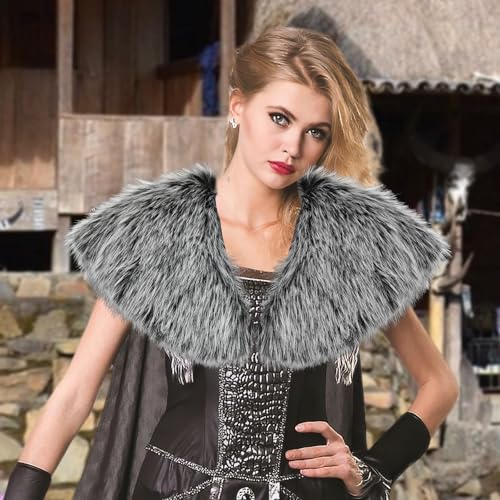 Capaneus Viking Kunstfell Kragen, Wikinger Fell Schal, Mittelalter Umhang Pelz Herren, Wikinger Kostüm Accessoire für Halloween Karneval Cosplay Thema Party