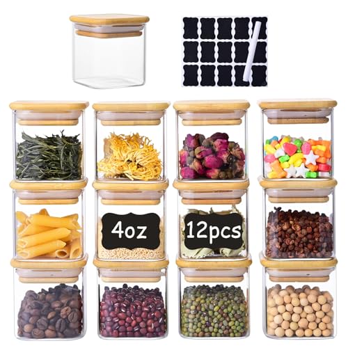 12Pcs Glass Spice Jars with Airtight Bamboo Lids & Waterproof Labels - 120ml/4oz Square Small Glass Storage Canisters for Spices,Coffee, Tea, Nuts,Grains - Kitchen Food Storage Containers Set