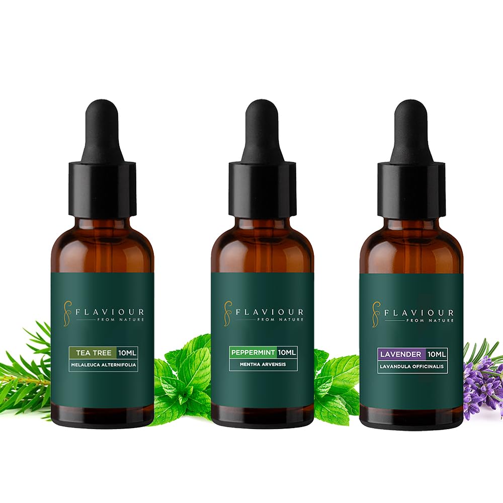 Flaviour Energy Boost Essential Oil Combo (Tea Tree, Peppermint, Lavender) | 100% Pure, Natural, Undiluted |Perfect Aromatherapy for Mood, Energy and Alertness | Combo Pack of 3 (10 ml each)