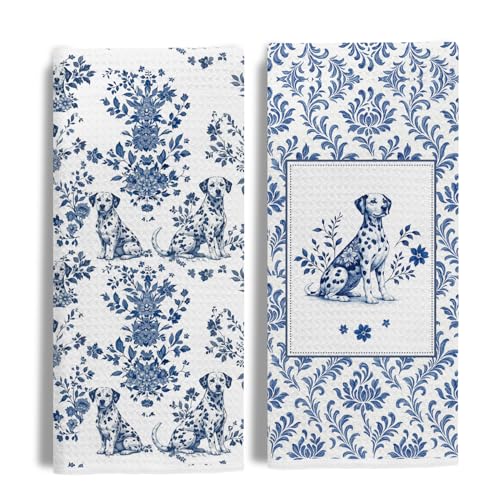 Image of Chinoiserie Dalmatian Kitchen & Hand Towels Set of 2, Blue and White Floral Dog Dish & Tea Towels for Kitchen Bathroom Decor, Vintage Toile Dog Lover Gifts for Women 16x24 Inch