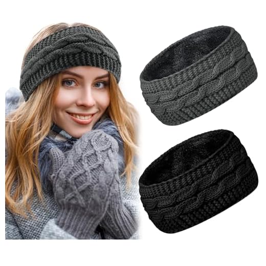 2 Piezas Diadema Mujer, Cinta para el Pelo Orejeras, Elásticas Anchas Diademas Suaves, Diadema Tejida de Invierno, Diademas Faciales de para Maquillaje, Lavar La Cara, Ducha (Negro y Gris)