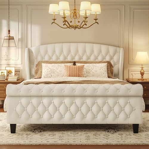 HISOFT Queen Bed Frame, 39' Tall Velvet Upholstered Sleigh Bed with Wingback Headboard & Scroll...