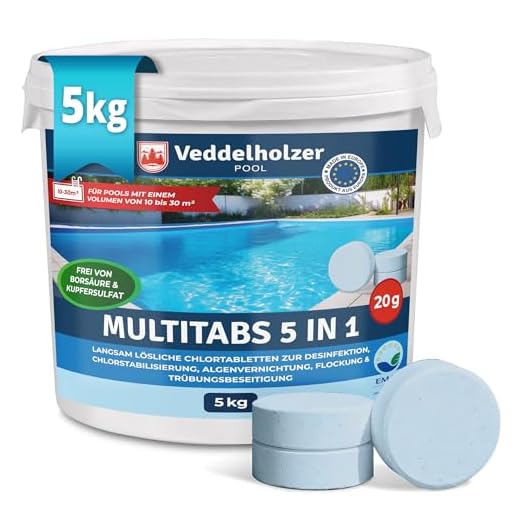 Veddelholzer 5 kg Multitabs 5 in 1 Chlortabletten für pool als 20g Tabletten für Pools von 10 m³ bis 30 m³Pool Zubehör für Pools langsam lösliche, langzeit Chlor Tabletten zur Reinigung & Desinfektion