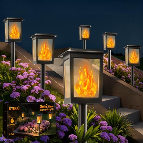 KYEKIO Large Size & Gen2 Flickering Flame Solar Torch Lights, 6Pack Solar Lights Outdoor Waterproof for Outdoor Decor, Garden Lights Solar Powered, Tiki Torches for Outside Pathway Patio Yard Decor