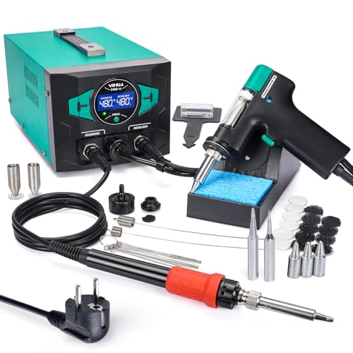 YIHUA 948D III Kit de estación de soldadura y estacion de desoldadura con herramienta de desoldar mejorada soldador de estaño EVO de 110W bomba de vacío 3 boquillas automático modo suspensión(EU PLUG)