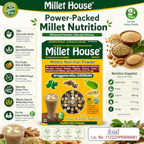 Image of Millet House Millets Nutrition Powder 400 Gram | Arogyamrutha Churnam 100% Organic Indian Traditional Recipe | Healthy Siri dhanya Millet Powder | Millet Health Mix (2+ Years) (Pack of 1, 400 grams)