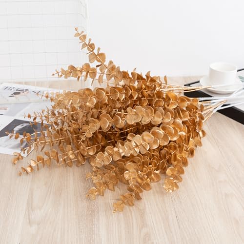 RHQFDM 24Pcs Golden Artificial Eucalyptus Stems,15-inch Faux Branches Leaves,Artificial Eucalyptus Branches,Permanent Golden Leaves,Perfect for Styling Vases,Tabletops,and Wedding Celebrations - Image 2