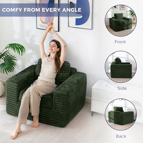 Image of MAXYOYO Bean Bag Chair with Pillows, Floor Sofa with Armrests and Support, Plush Foam Filled Lounge Chair for Adults, Cozy Bean Bag Couch for Living Room, Bedroom, Apartment, Green
