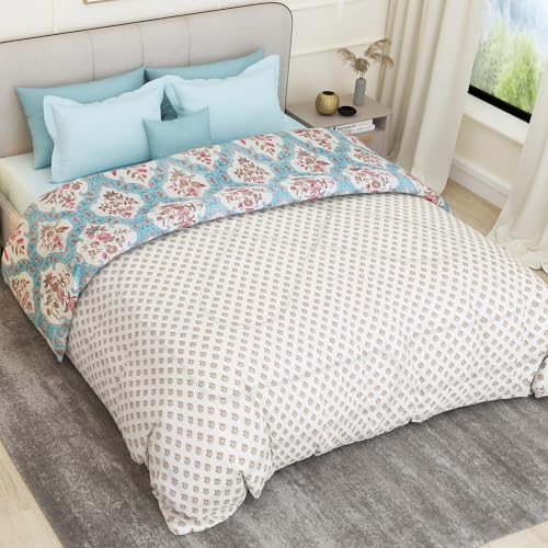Image of Comforter Double Bed Blanket for Winter Double Size | Microfiber Blanket | Dohar | 220x250 cm | Cream & Blue Blanket Floral Design | Cozy Bedding Blankets for Winter -All Seasons