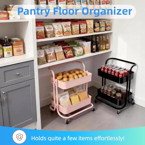 Image of 2 Tier Short Rolling Cart with Wheels All-Metal Pink Pantry Storage for Kitchen,Under Desk Trolley with Handle Small Wheeled Storage Cart for Laundry Room Bathroom, Under Table Small Space