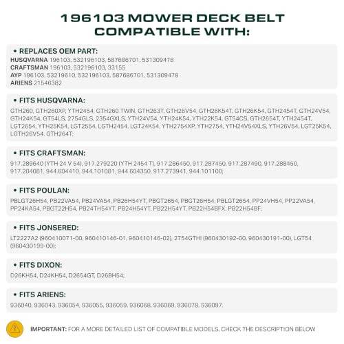 Image of UDC Parts 196103 Mower Deck Belt 147.5 inch x 5 /8 inch Replacement for Husqvarna 54 Inch 532196103 587686701 LGT2654 YTH24V54 YTH2454 YTH24K54 Craftsman Poulan AYP 532 19 61-03 Ariens 21546382 / Aramid Cord
