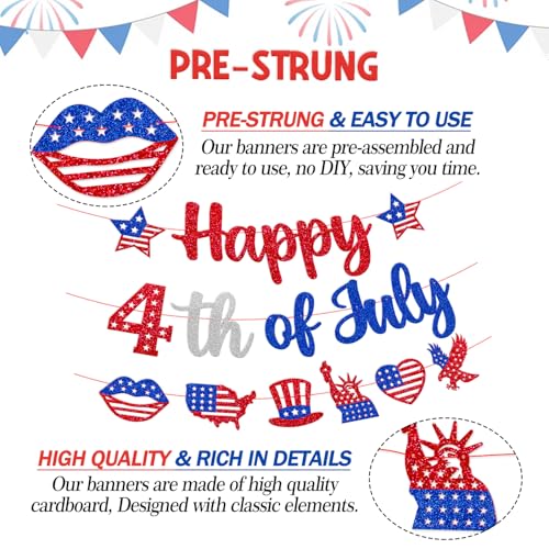 Image of Independence Day Decoration Happy 4th of July Banner | America's Birthday Decor Red White Blue Patriotic USA Memorial Day Decor Armed Forces Day National Day theme Party Supplies