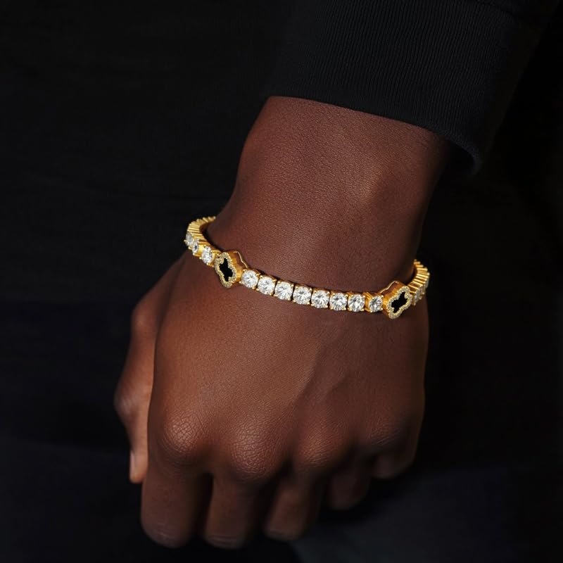 HELLOICE Iced Out Four Leaf Clover Tennis Bracelet 18K Gold Plated Cubic Zirconia 4 Leaf Clover Lucky Bracelet Trendy Jewelry Gift for Women Men4