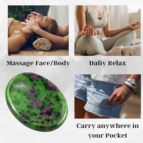 Image of Amazing Gemstone Ruby Zoisite Worry Stone Crystals and Healing Stones - Worry Stones for Stress Relief Gifts - Piedra Crystal Fidget for Meditation, Relaxation - Unique Stocking Stuffers
