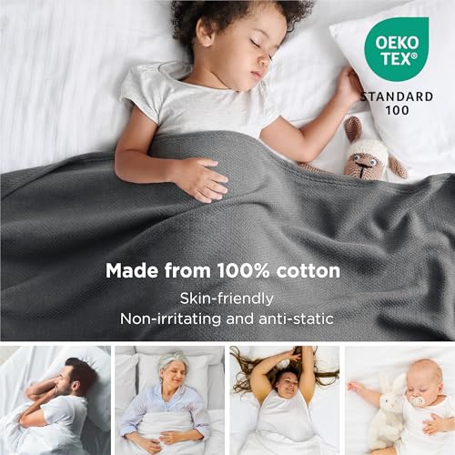 Image of Bedsure 100% Cotton Blanket, Herringbone Weave, Twin-XL, Dark Grey