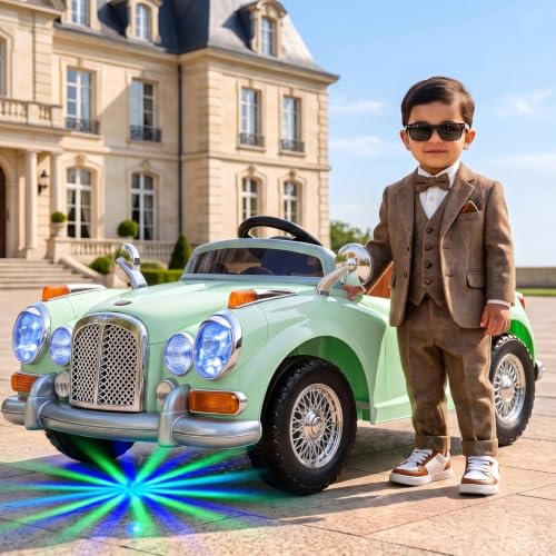 Image of Toyzone Vintage Electric Car (Green) | 12V Rechargeable Car for Kids with 8Ah Battery | LED Lights, Music, MP3 /USB /BT | Smooth Acceleration | 6M Battery Warranty | Age 2-9 Years, Upto 35 kg