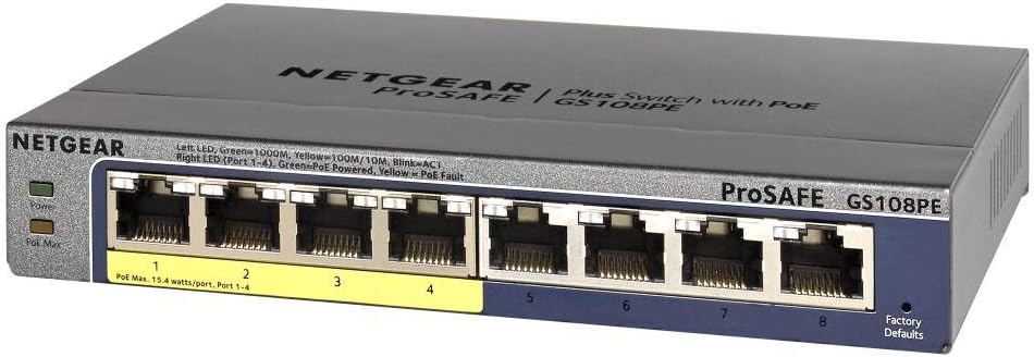 NETGEAR 8-Port Gigabit Ethernet Smart Managed Plus PoE Network Switch, Hub, Internet Splitter (GS108PE) - with 4 x PoE @ 53W Upgradeable, Desktop/Rackmount, and ProSAFE Lifetime Protection