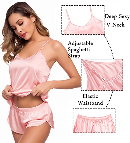 Image of SWOMOG Womens Silk Satin Pajamas Sets 4pcs Sleepwear Sexy Cami Shorts Set and Button Down Short Sleeve Pjs Loungewear Sakura Pink X-Small