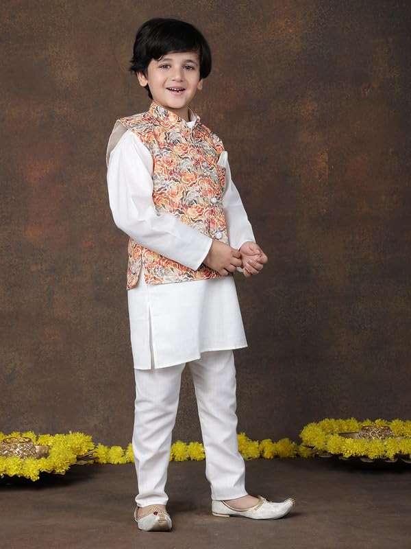 Image of superminis Boys Cotton Printed Full Sleeves Kurta Pyjama with Jacket Ethnic Wear Set