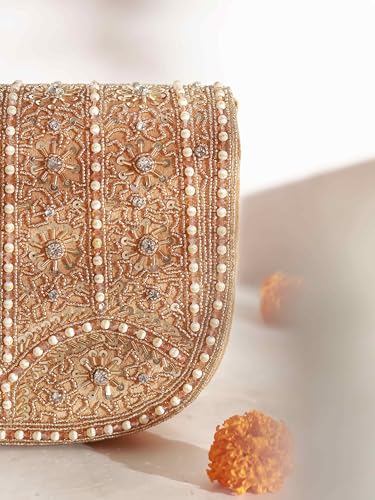 Image of THE TAN CLAN Kavya Beige Flap Over Bag Clutch Purses Luxury Evening Handbags with Handle