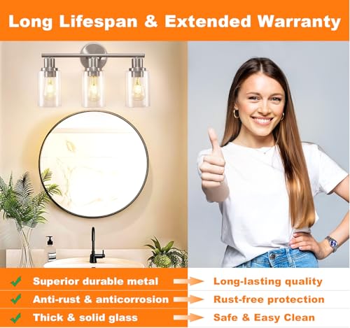 Image of DLLT 3-Light Bathroom Light Fixtures: Nickel Modern Vanity Lights with E26 Bulbs - Clear Glass Shade Bathroom Wall Lamp for Mirror Kitchen Living Room Hallway Cabinet Porch