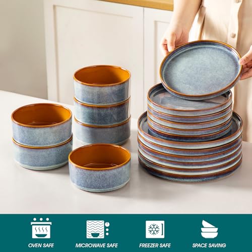Image of vancasso ONION Ceramic Plates and Bowls Sets, 18 Pieces Blue Dinnerware Sets for Kitchen, Reactive Glaze Dishes Set for 6, Dishwasher and Microwave Safe