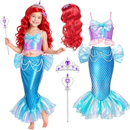 G.C Mermaid Costume for Girls Ages 2-7 Blue Dress Up Set with Wig Crown Wand Princess Party Halloween Birthday Cosplay Outfit