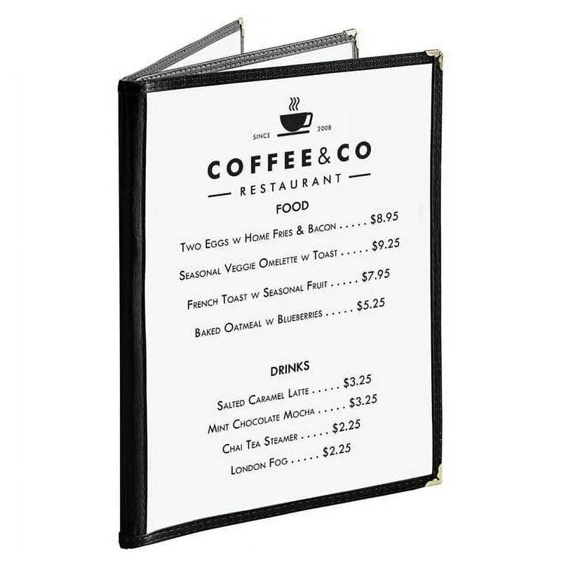 Menu Covers, Black Leatherette, 8.5 x 11 Inch, 4 Page 8 View, Transparent Restaurant Holder with Decorative Corners, 50 Pack