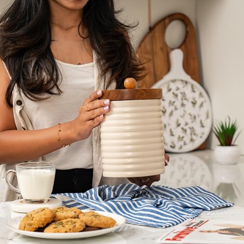 Image of Ecru Canister - Ceramic Storage Jar with Acacia Wood Lid - Ideal for Coffee, Sugar, Snacks & More (5x5x7.625 inches)