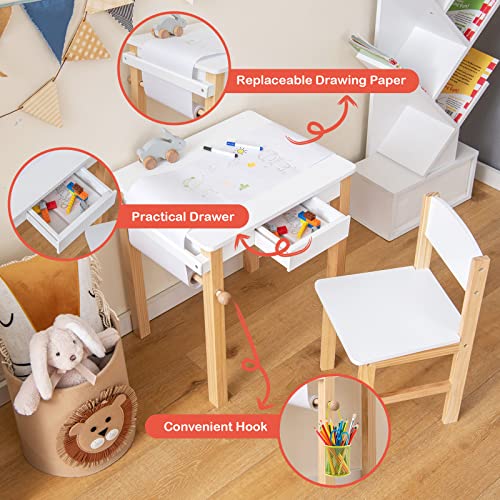 Costzon Kids Table And Chair Set, Toddler Study Desk W/Paper Roll, Drawer, 2 Marker Pens, Wooden Activity Table Set For Playroom & Nursery, Gift For Boys & Girls, Toddler Table & Chair (White) #TOP1