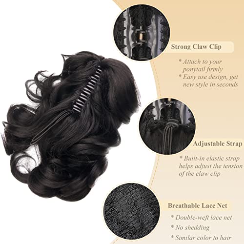 Gairyan 12" Clip in Ponytail Hair Extensions Curly Ponytail Extension Claw on Pony tails Wavy Synthetic Hairpieces for Women Real Look Short Wave (Dark Brown) - Image 3