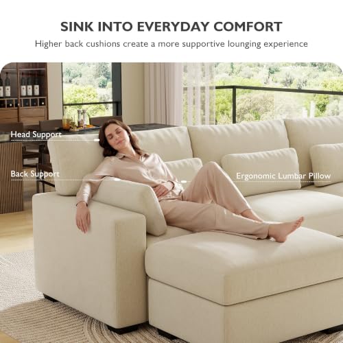 Ihanherry 113.4" Modular Sectional Sofa, U Shaped Cloud Couch with Extra Deep Seat, Comfortable Chenille Couch with Movable Ottoman, Oversized Modern Sectional Couches for Living Room (Beige) - Image 3