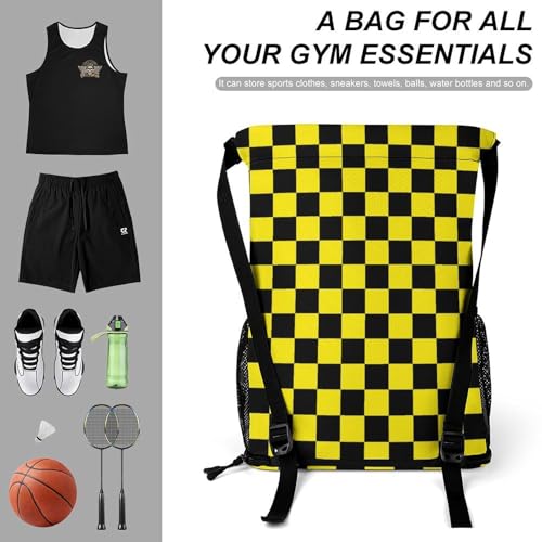 Yellow Black Checkered Chessboard Flag Drawstring Backpack Sports Gym String Bag Sackpack Water Resistant Pockets for Women Men3