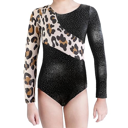XiaoMoSha Enfant Fille Justaucorps Gymnastique Couleur Dégradé Justaucorps Sans Manches/Manches Longues Leotard Danse Ballet Gym Tenue, Léopard blanc, 9-10 Ans