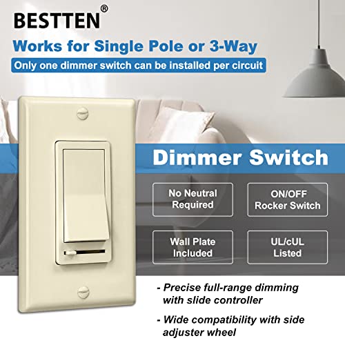 Image of BESTTEN 6 Pack Dimmer Wall Light Switch, Compatible with Dimmable LED, CFL, Incandescent and Halogen Bulb, Single Pole or 3-Way Dimmer Switches, 120VAC, Decorator Wallplate Included, Almond
