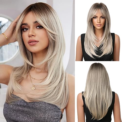 OUFEI Long Straight Ombre Blonde Layered Natural Wigs for Women Natural Synthetic Hair Heat Resistant Wigs for Daily Party Cosplay Wear