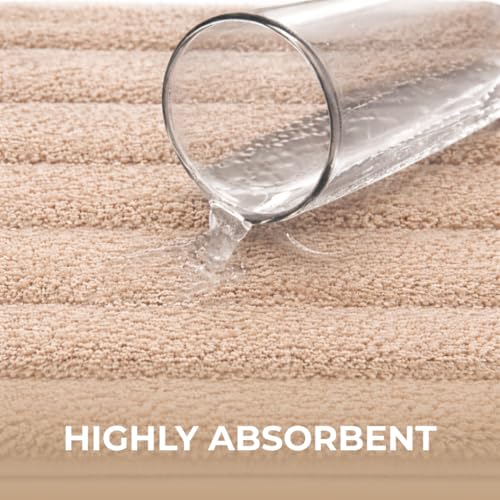 Image of Premium Combed Cotton Tufted Bathmat 50 x 80 cm, 1800 GSM Soft Absorbent Anti Skid Bathroom Floor Mat with Latex Backing, Quick Dry Non Slip Bath Rug for Shower & Daily Use, Stripes Beige