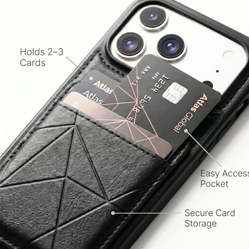 Image of amazon basics Premium Vegan Leather Back Cover with Card Holder and Integrated Mobile Stand for iPhone 17 Pro - Slim Shockproof Wallet Case with Geometric Stitching [Black]