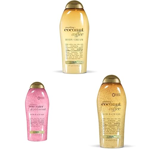 OGX Crema corporal Smoothing + Coconut Coffee de 19.5 onzas y sal marina rosa y agua de rosas, exfoliante corporal suave, exfoliante ligero, sin