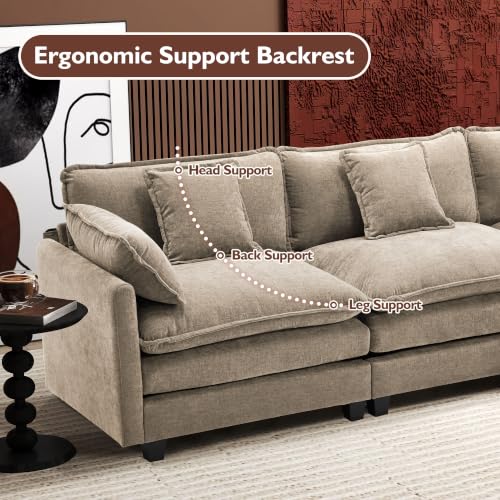 Image of Ihanherry 111.4 inch L Shaped Modern Sofa Modular Sectional Luxurious and Comfortable with Ottoman, 4-Seat Chenille Deep Seat Sofa with Pillow for Living Room, Bedroom and Apartment, Sand