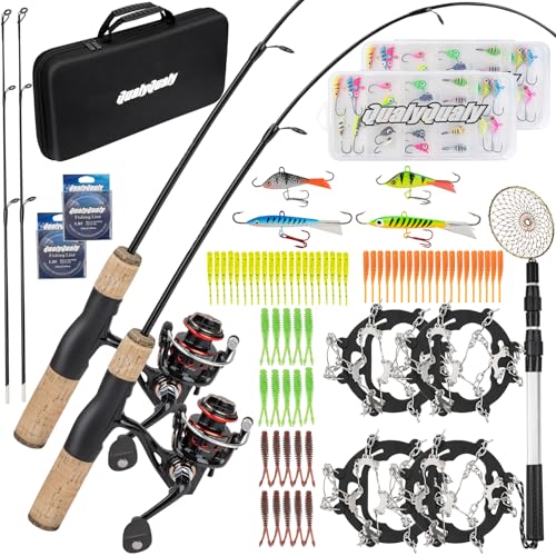 QualyQualy Ice Fishing Rod and Reel Combo, 28'' Ice Fishing Rod Set with Inline Reels Ice Cleat Jig Heads and Fishing Line Ice Fishing Gear Ice Fishing Jig Line (28‘‘ Fishing Combo-2 Packs)