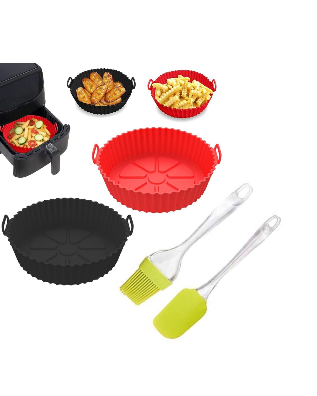 Round Silicone Air Fryer Liners with Ear Handles Red+Black | 8in Nonstick, Heat Resistant, Reusable, Multicolor Set of 2 + Oil Brush & Spatula-image-19