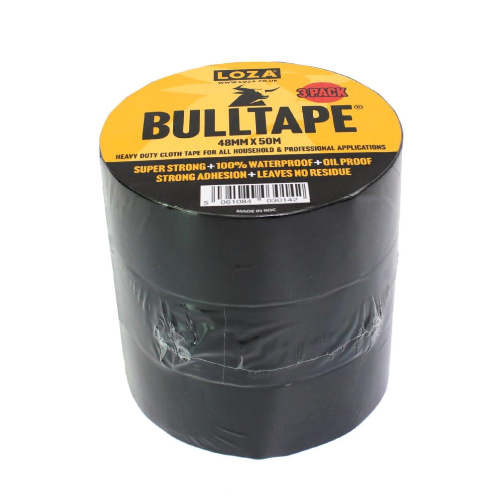Loza BULLTAPE Heavy Duty Duct Tape Bumper VFM Pack 3 Rolls 48mm x 50m Extra Strong Black Gaffer Tape Easy Tear No Residue Fixing Repair Tape