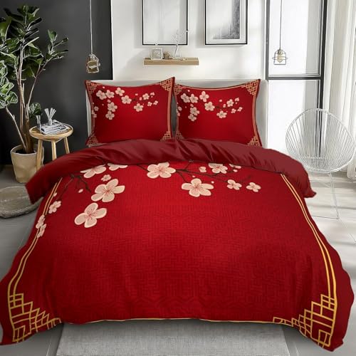 Housse de Couette 140x200 Style Chinois Parure de Lit 1 Personne Rouge Imprimée 3D Microfibre Douce Asiatique Orientale Housse Couette Réversible avec 1 Taie...