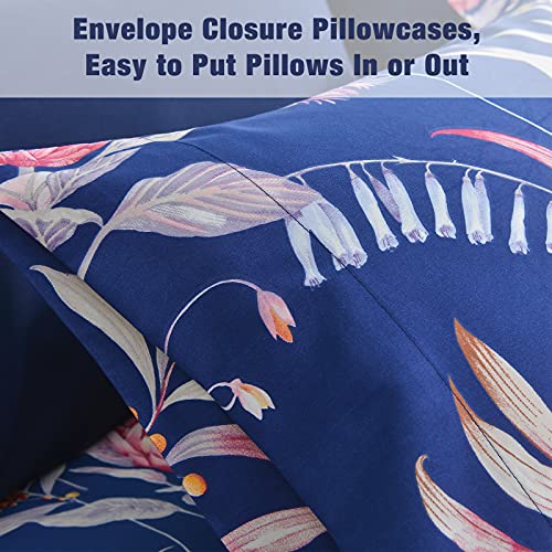 Image of JSD Navy Blue Tropical Floral Printed Sheet Set Twin Size | 3 Piece Soft Botanical Microfiber Sheets, 16 inch Extra Deep Pocket, OEKO-TEX Certified, Easy Care
